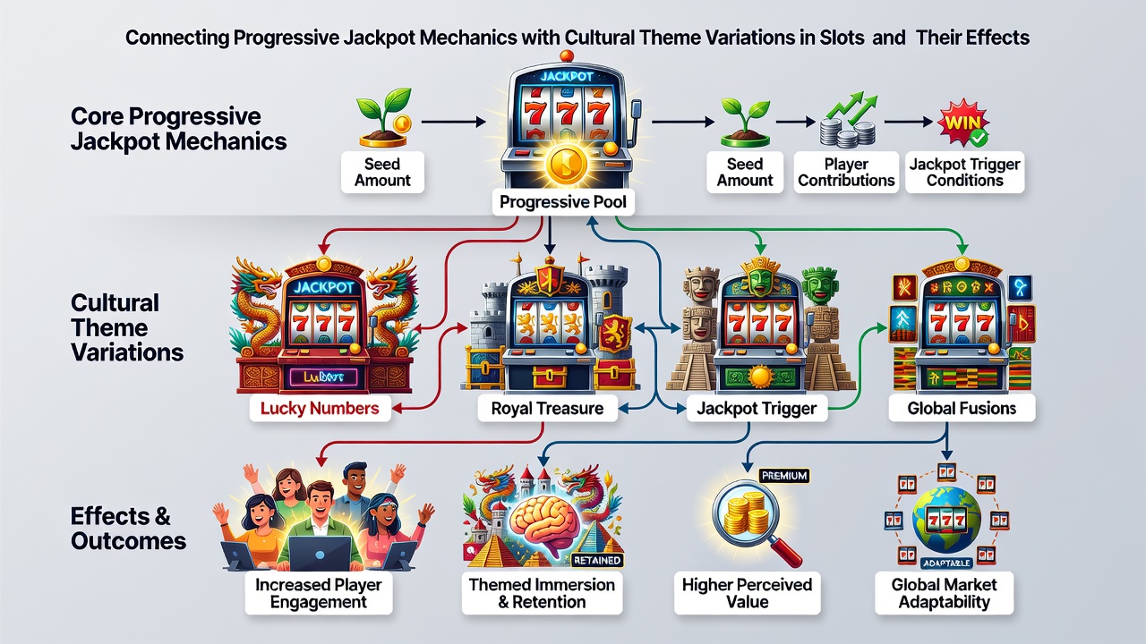 Diagram showing connections between slot themes, jackpot accumulation, and cashback calculation flows