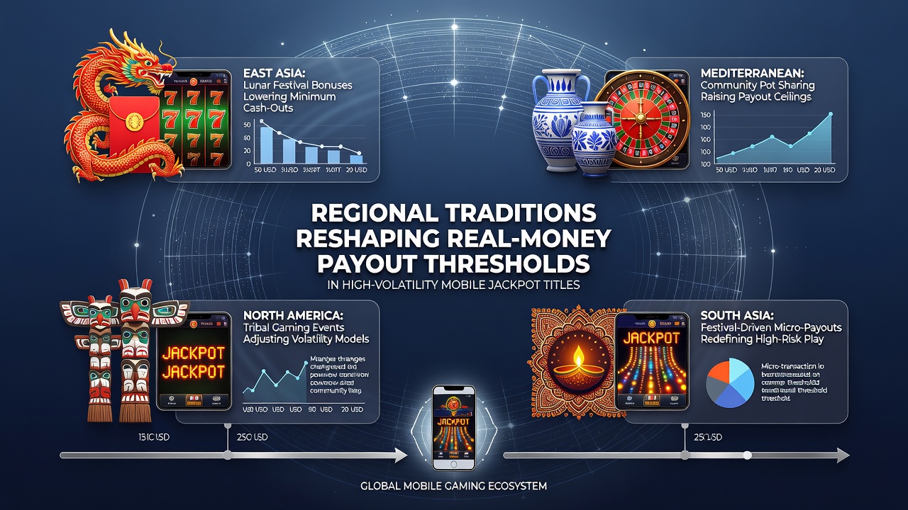 High-volatility jackpot interface on mobile device highlighting cultural theme elements and adjusted payout threshold settings