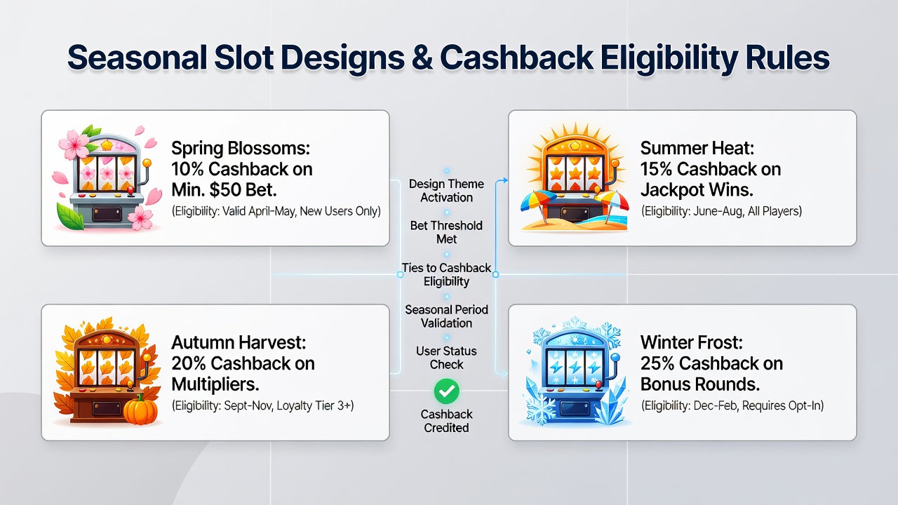 Casino cashback dashboard displaying seasonal game contribution percentages and eligibility rules